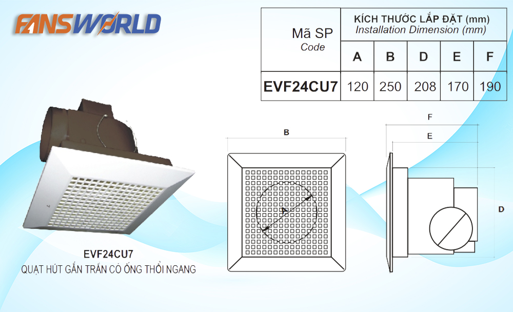 Kích thước lắp đặt quạt hút âm trần LiOA EVF24CU7
