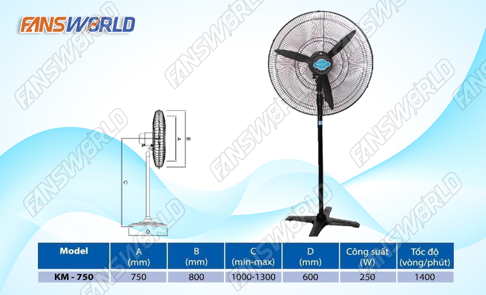 Kích thước quạt cây công nghiệp Komasu KM 750S